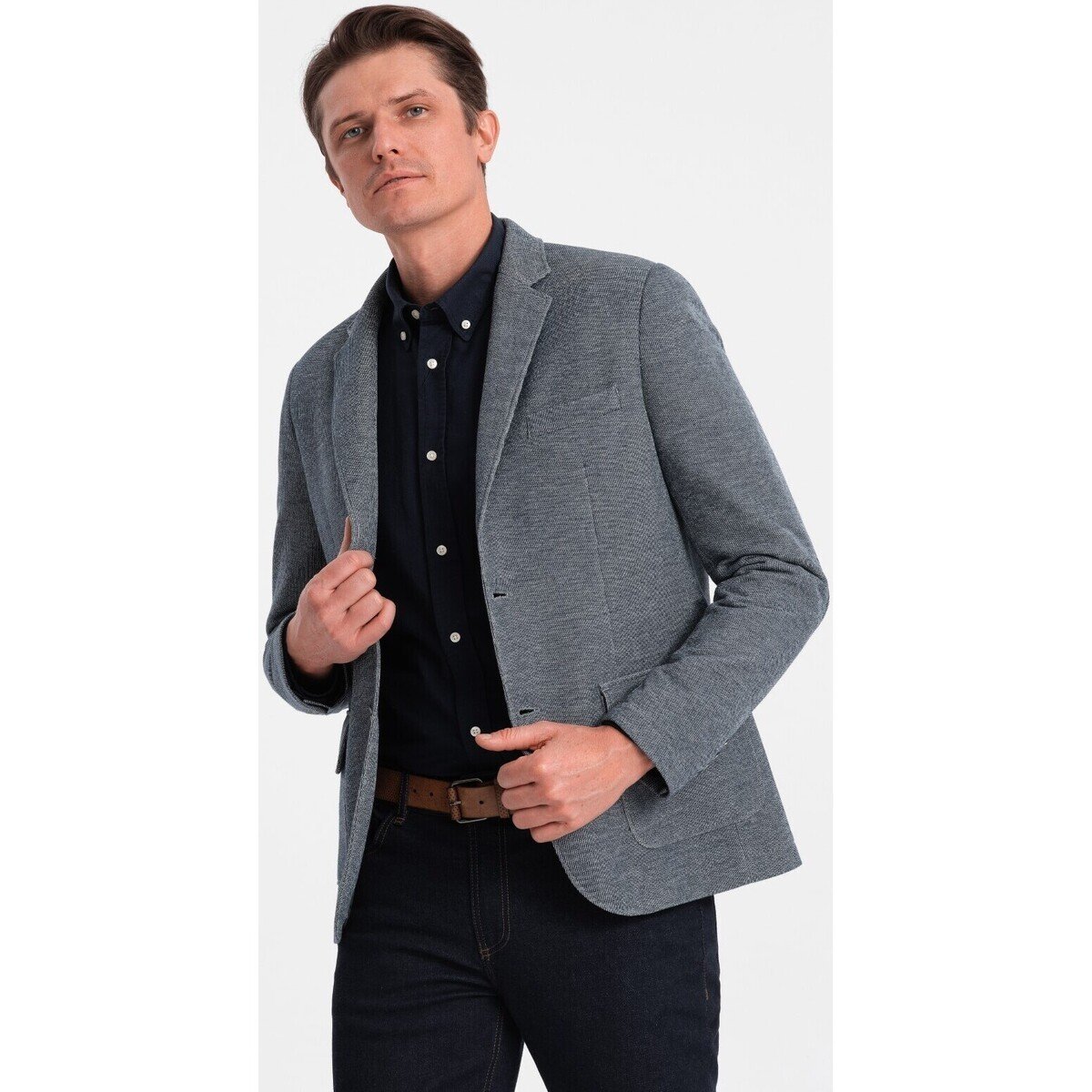 Ombre  Men apos;s jacket with elbow patches - navy blue V2 OM-BLZB  Tmavě modrá