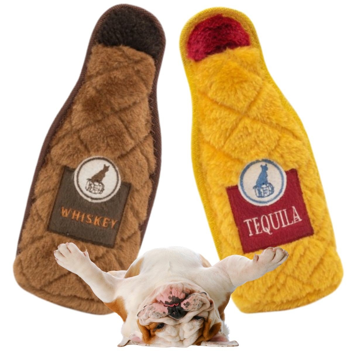 Hračky pro psa Set 2 lahví Whiskey Tequila pískací maskoti párty