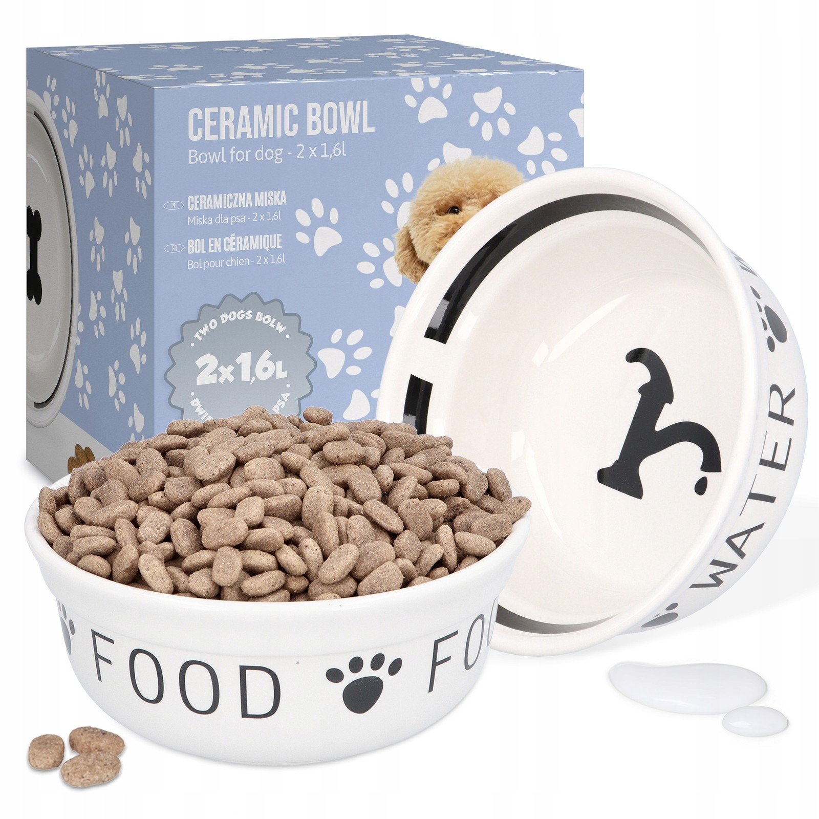 2x Keramická miska Psa 1,6 Dvojitá miska Misky Psa Kočka Krmení Voda