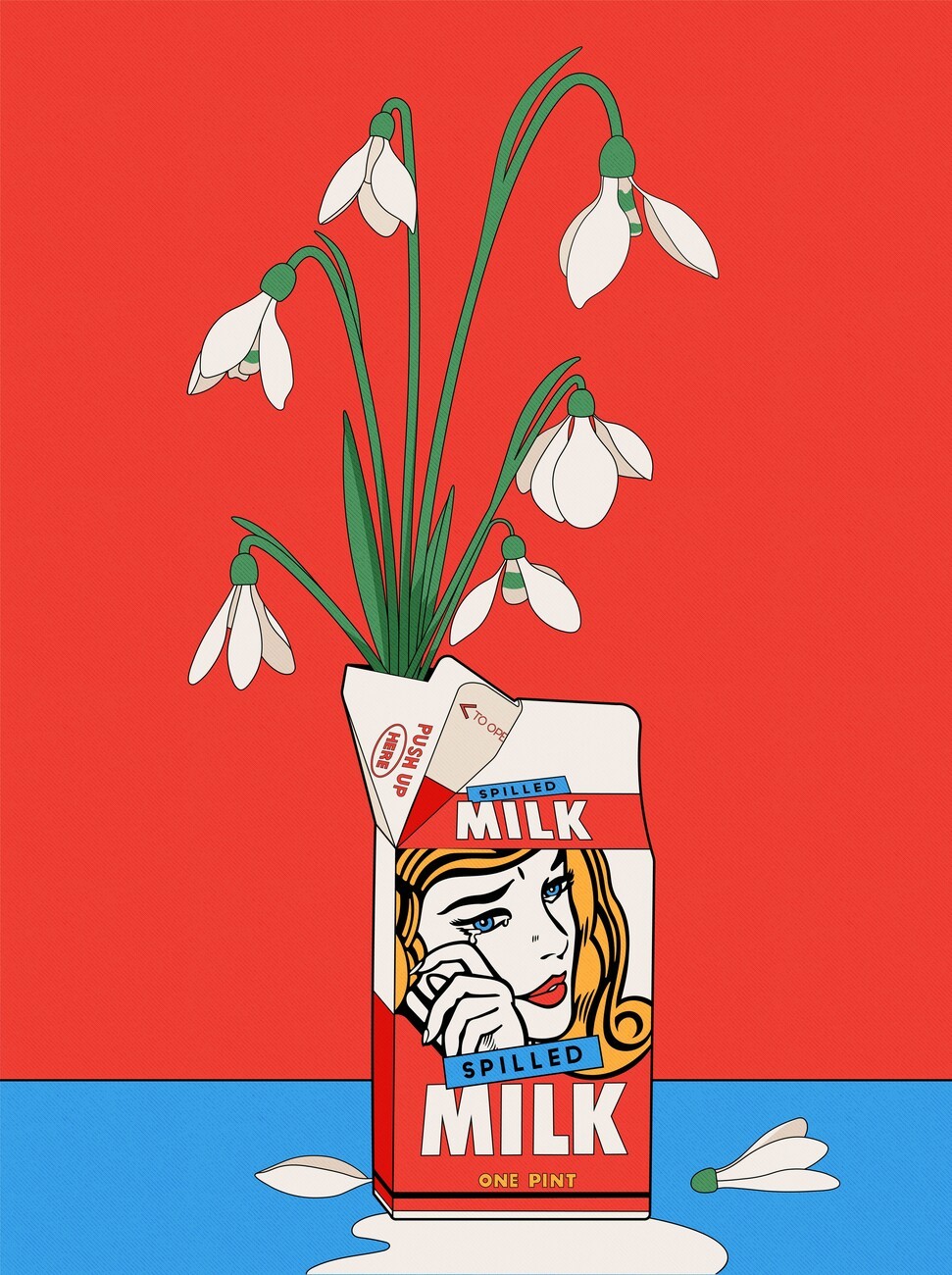Retrodrome Ilustrace Snowdrops in Spilled Milk Carton Retro Illustration, Retrodrome, (30 x 40 cm)