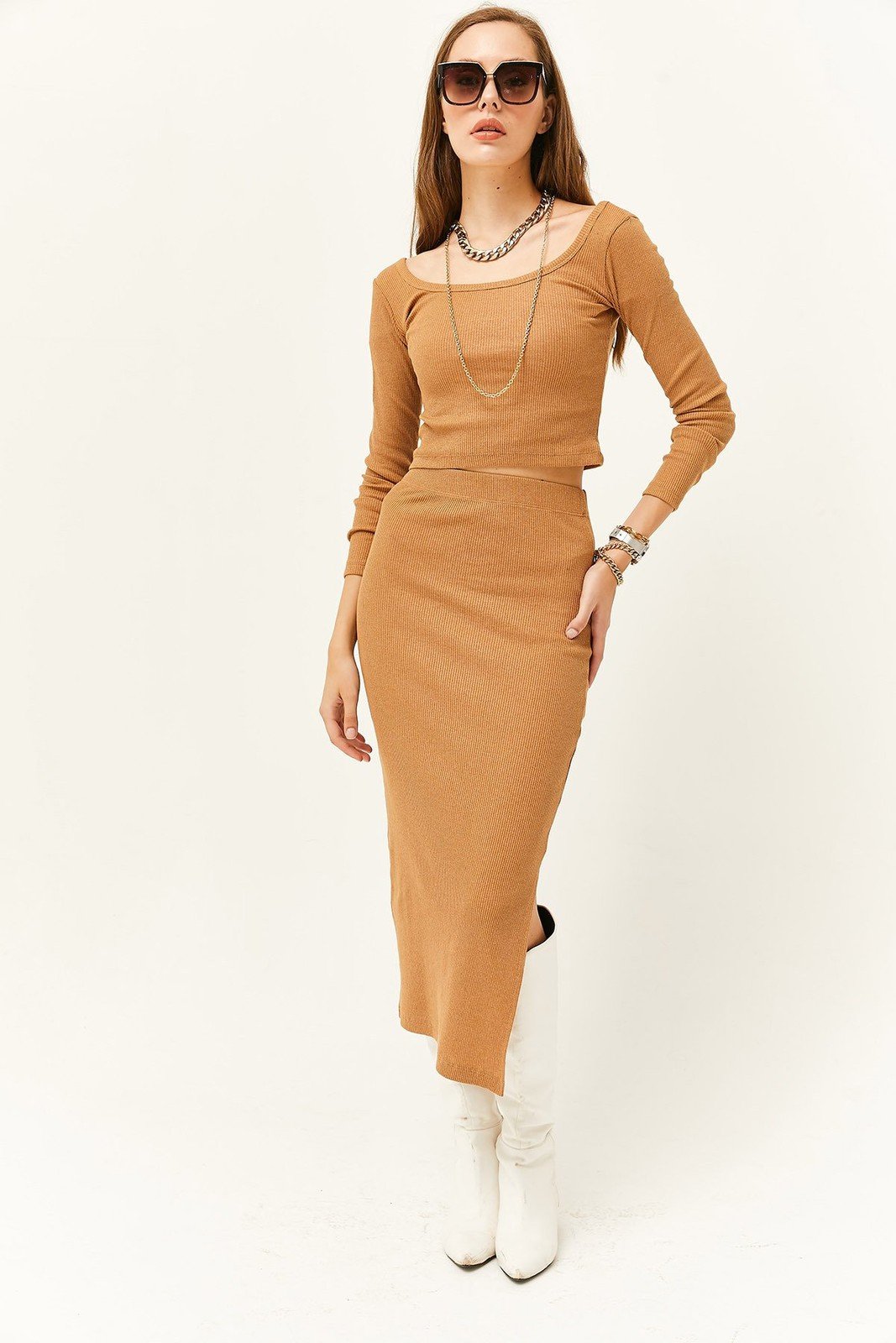 Olalook Women's Camel Open Collar Long Sleeve Blouse Slit Skirt Suit