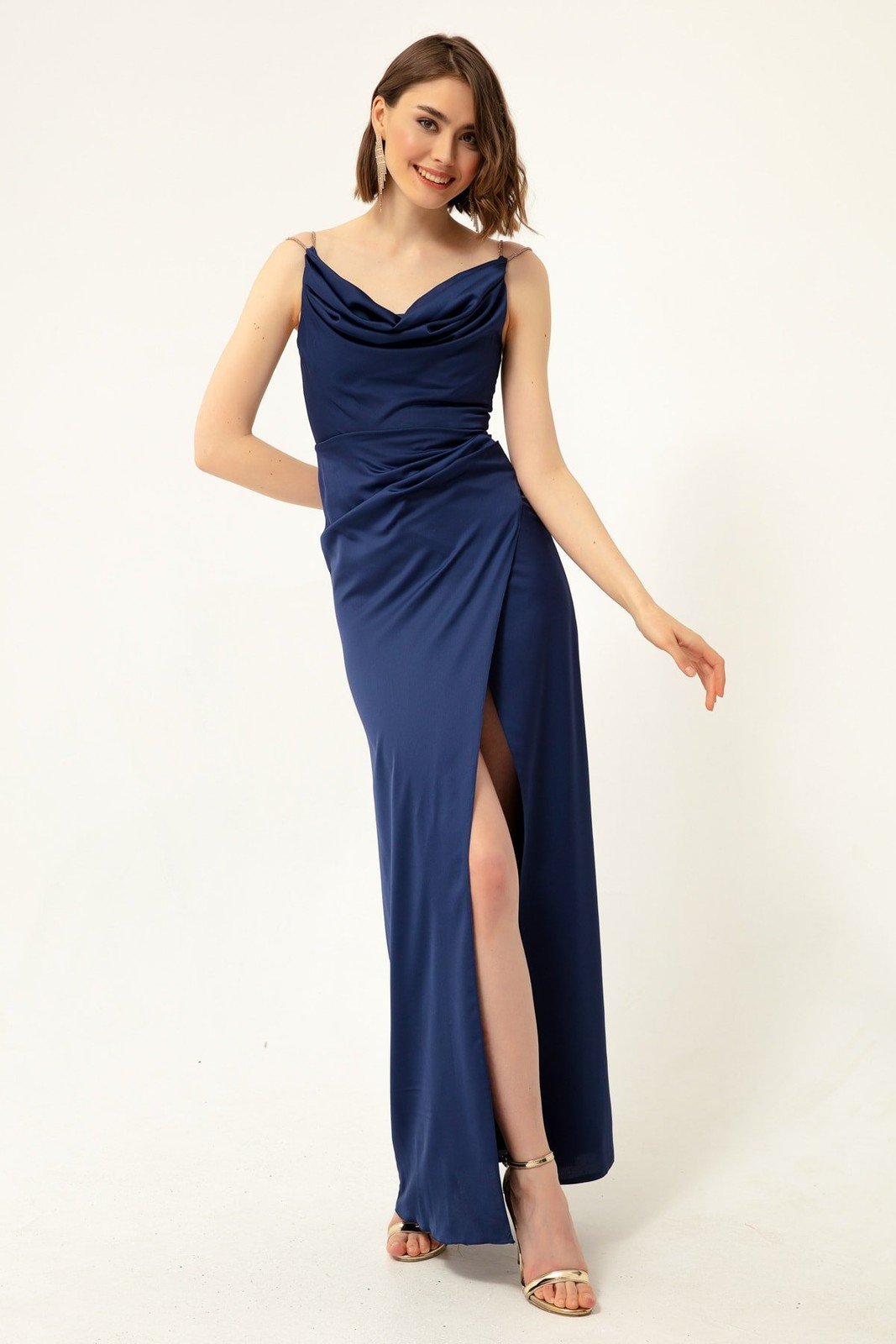 Lafaba Women's Navy Blue Stone Strap Collared Collar Satin Evening Dress.