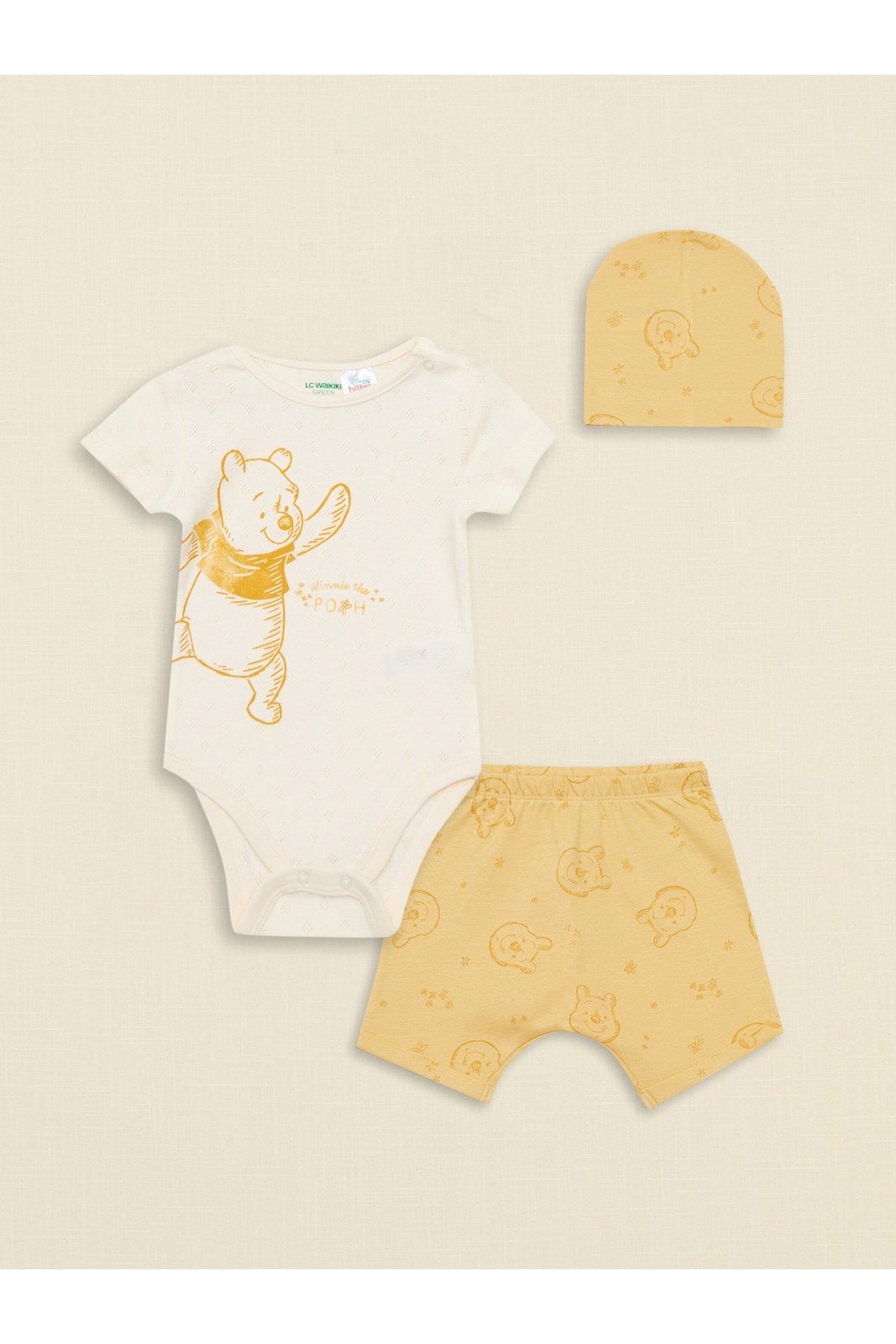 LC Waikiki Crew Neck Short Sleeved Winnie The Pooh Printed Organic Cotton Baby Boy Set 3-pack.