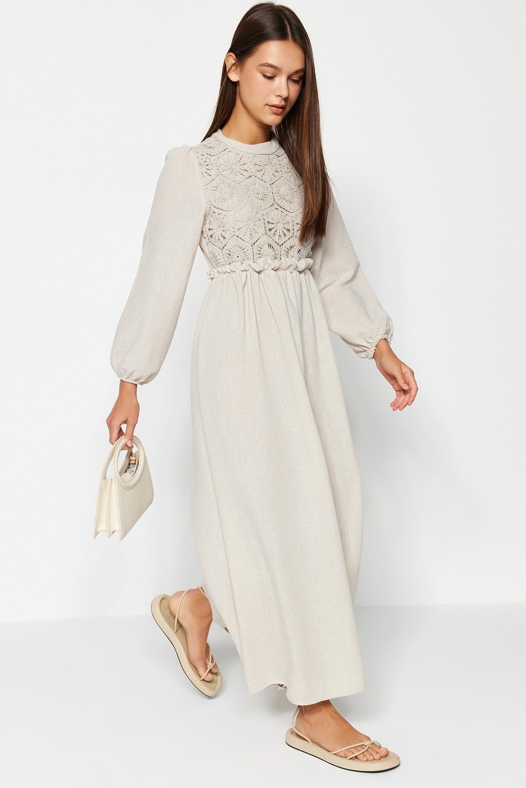 Trendyol Guipure Detailed Woven Ecru Dress