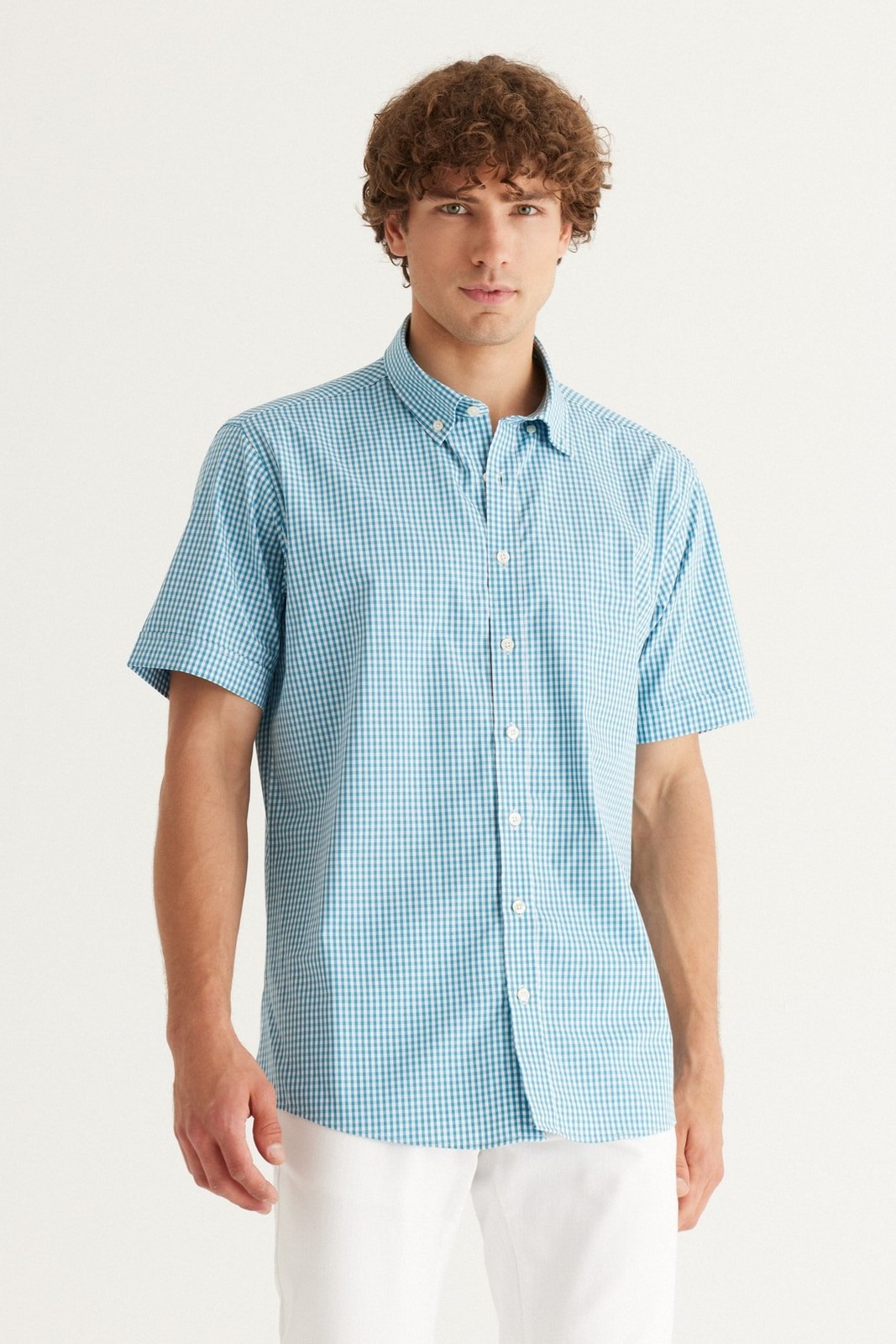 AC&Co / Altınyıldız Classics Men's White-turquoise Comfort Fit Comfy Cut Buttoned Collar 100% Cotton Gingham Shirt.