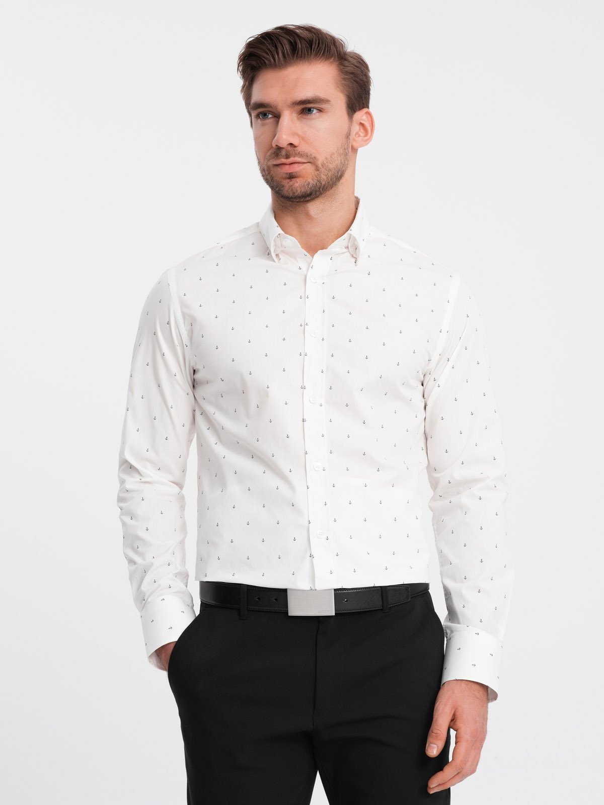 Ombre Classic men's cotton SLIM FIT shirt with anchors - white