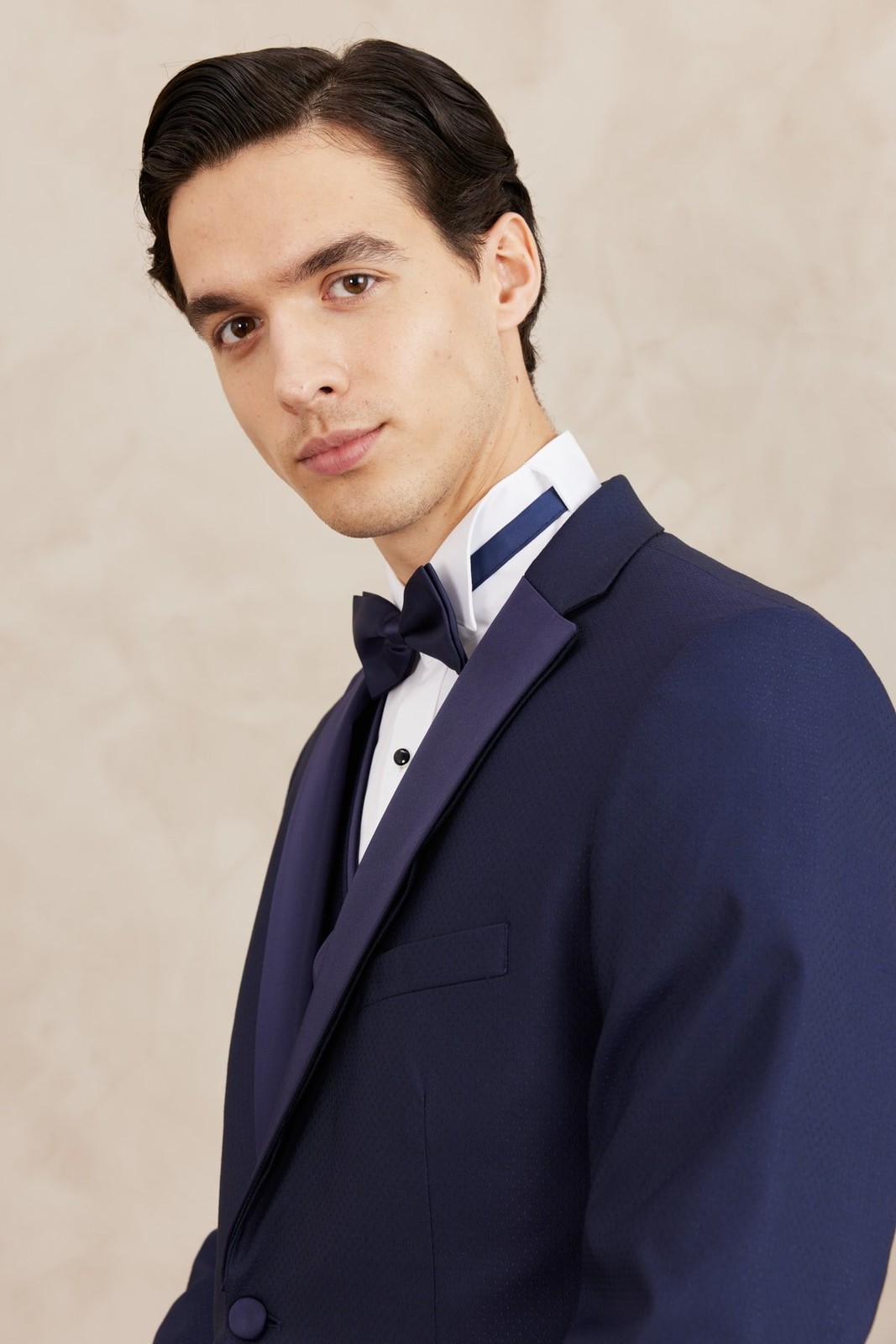 ALTINYILDIZ CLASSICS Men's Navy Blue Slim Fit Narrow Cut Mono Collar Patterned Vest Tuxedo Suit