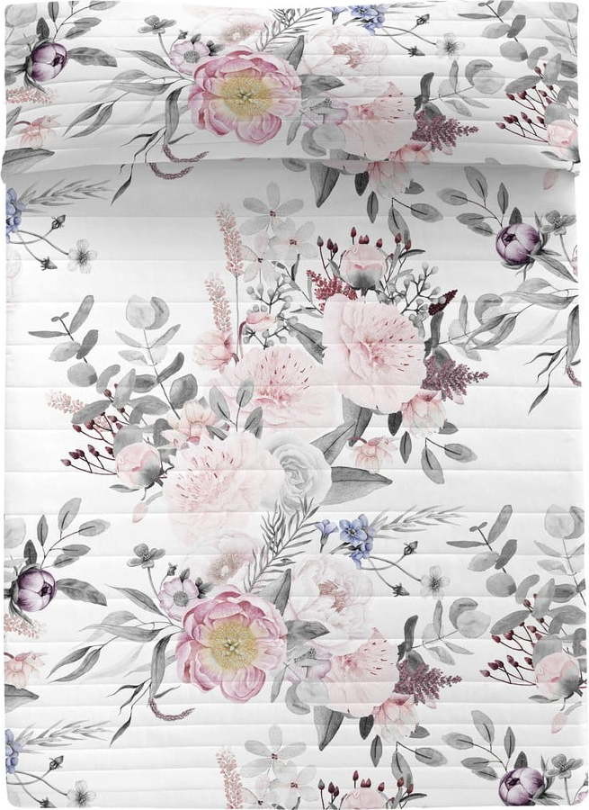 Bílo-růžový bavlněný prošívaný přehoz 240x260 cm Delicate bouquet – Happy Friday