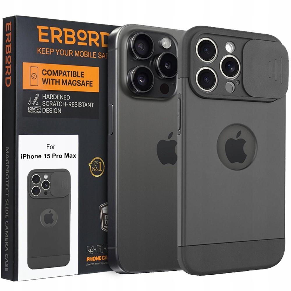 Erbord Cam Slide zadní kryt pro iPhone 15 Pro Max, MagSafe, Black Titanium