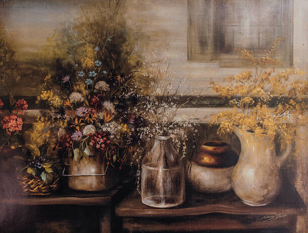 JonGorr Ilustrace Wildflowers In Old Time Vases Original Painting, JonGorr, (40 x 30 cm)