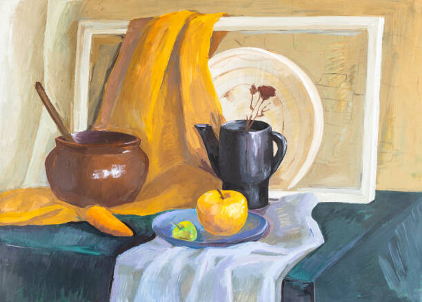 VvoeVale Ilustrace still life with pot, kettle, carrot and apples, VvoeVale, (40 x 30 cm)