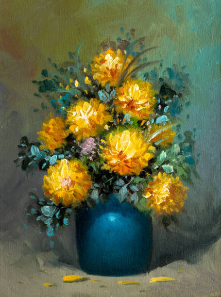 Dan Totilca Ilustrace Chrysanthemum Bouquet in Blue Vase Oil Painting, Dan Totilca, (30 x 40 cm)