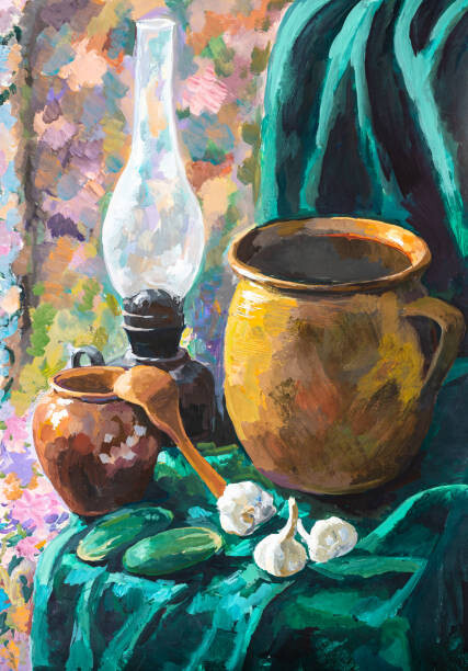 VvoeVale Ilustrace still life with ceramic pots and kerosene lamp, VvoeVale, (26.7 x 40 cm)
