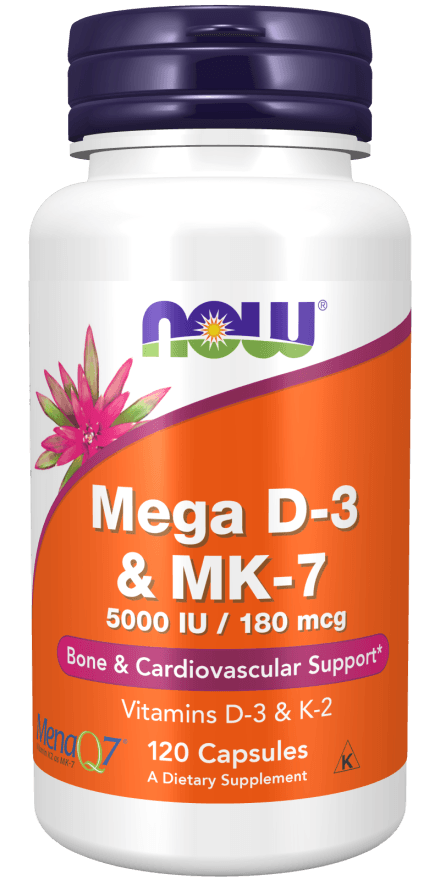 Now® Foods NOW Mega D3 & MK-7, Vitamín d3 5000 IU & Vitamín K2 180 ug, 120 rostlinných kapslí