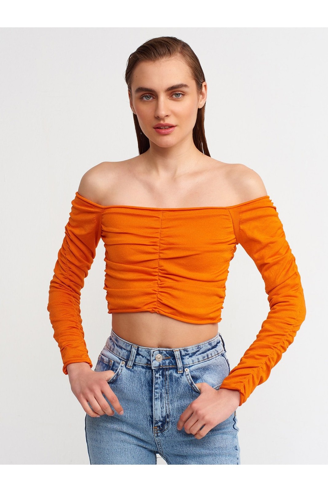 Dilvin 10201 Open Shoulder Pleats Sweater-orange