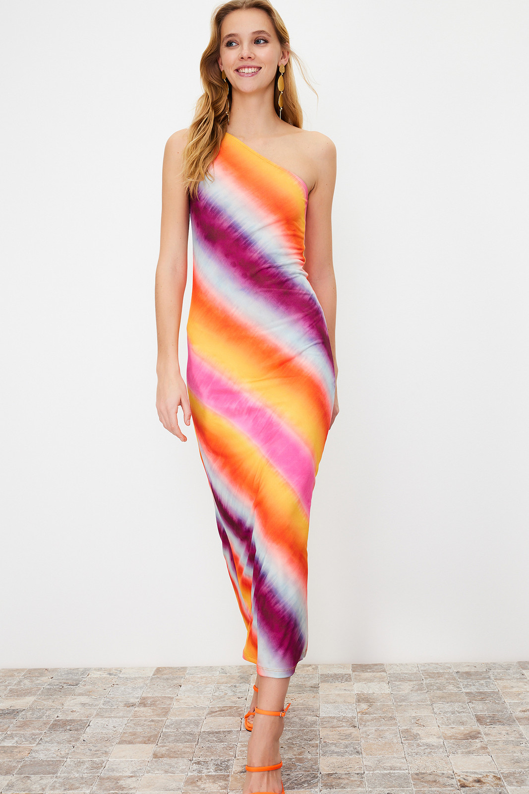 Trendyol Multi Color Printed Fitted Asymmetrical Neck Stretch Knitted Maxi Dress