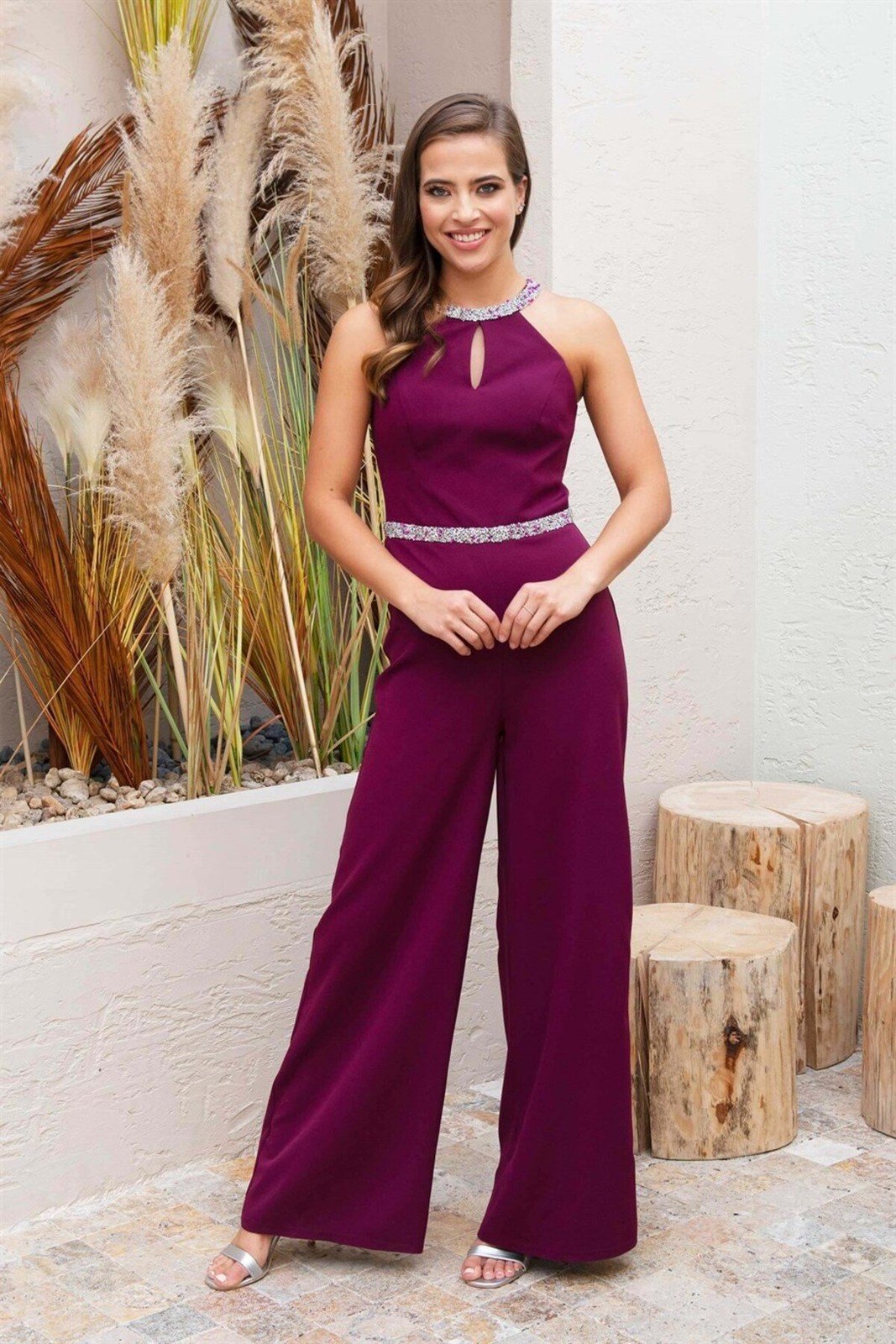 Carmen Plum Collar Jumpsuit with Stone Waist