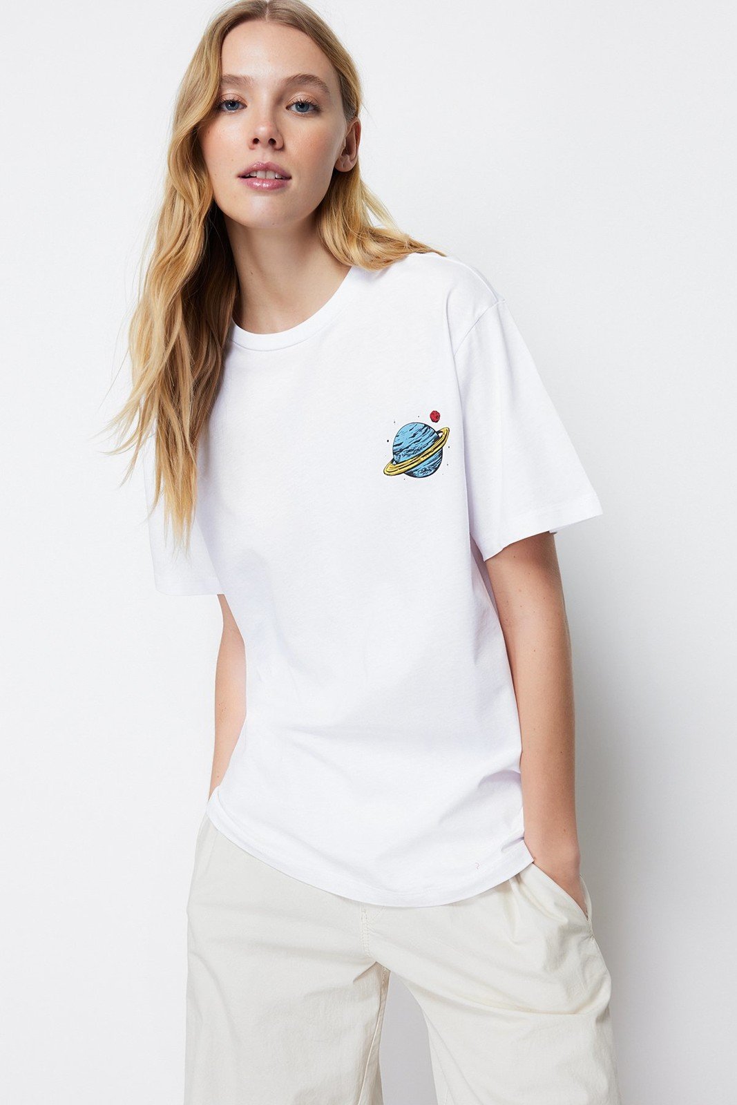 Trendyol White 100 Cotton Front and Back Galaxy Printed Boyfriend Fit Crew Neck Knitted T-Shirt