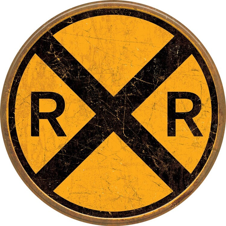 DESPERATE Plechová cedule Railroad Crossing, (30 x 30 cm)