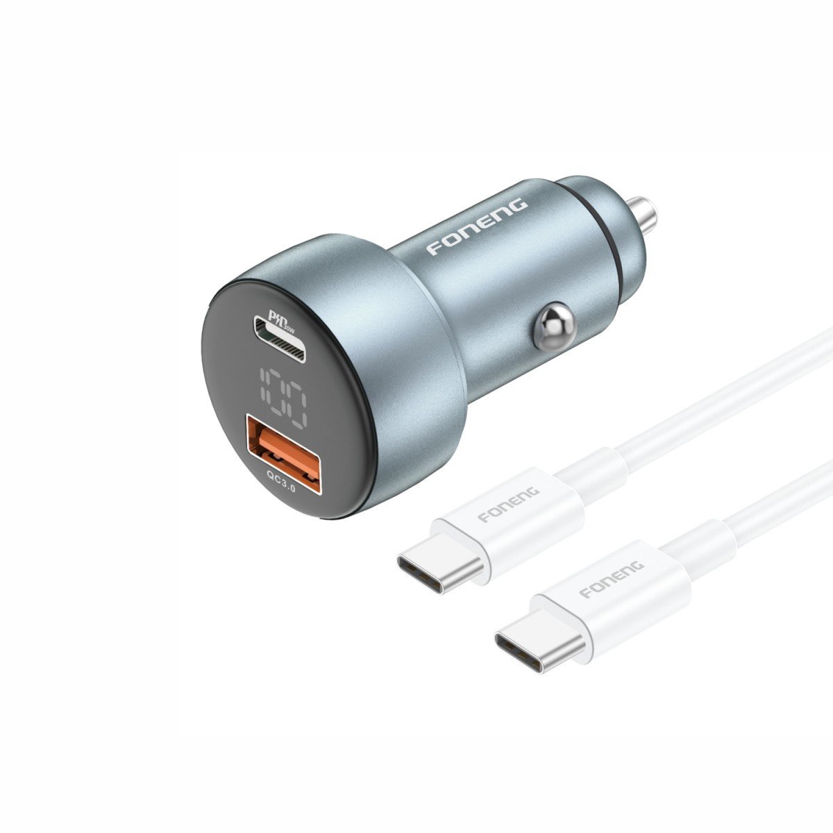 Rychlonabíječka do auta Foneng C18 - USB + typ C - 3A s kabelem typu C na typ C 30W šedá