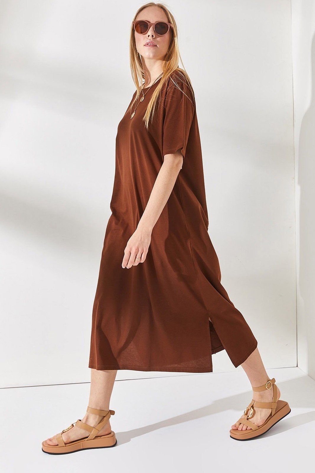 Olalook Women's Bitter Brown Side Slit Oversize Cotton Dress