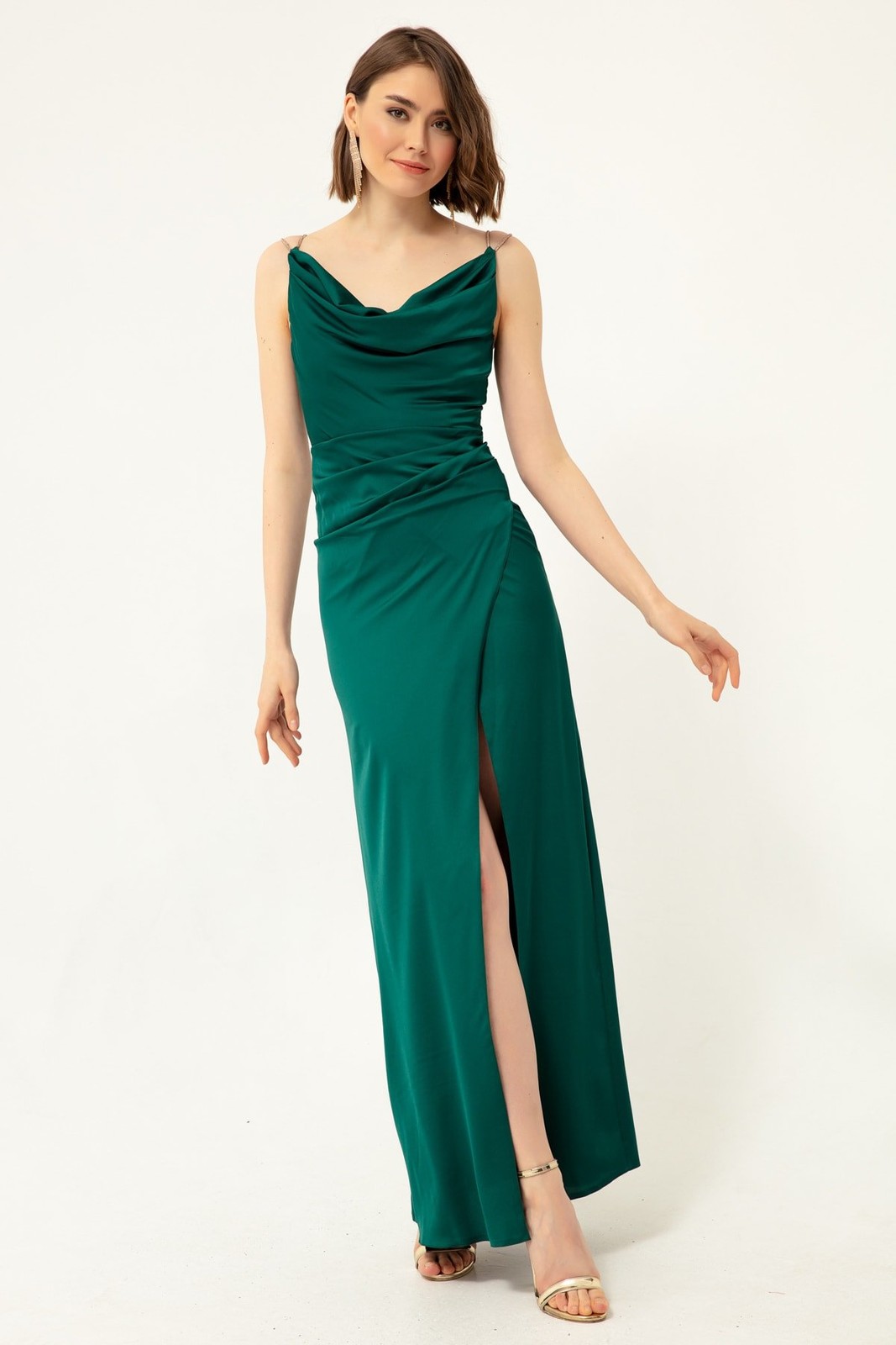 Lafaba Women's Emerald Green Evening Dress with Stone Straps, Plunger Collar Satin