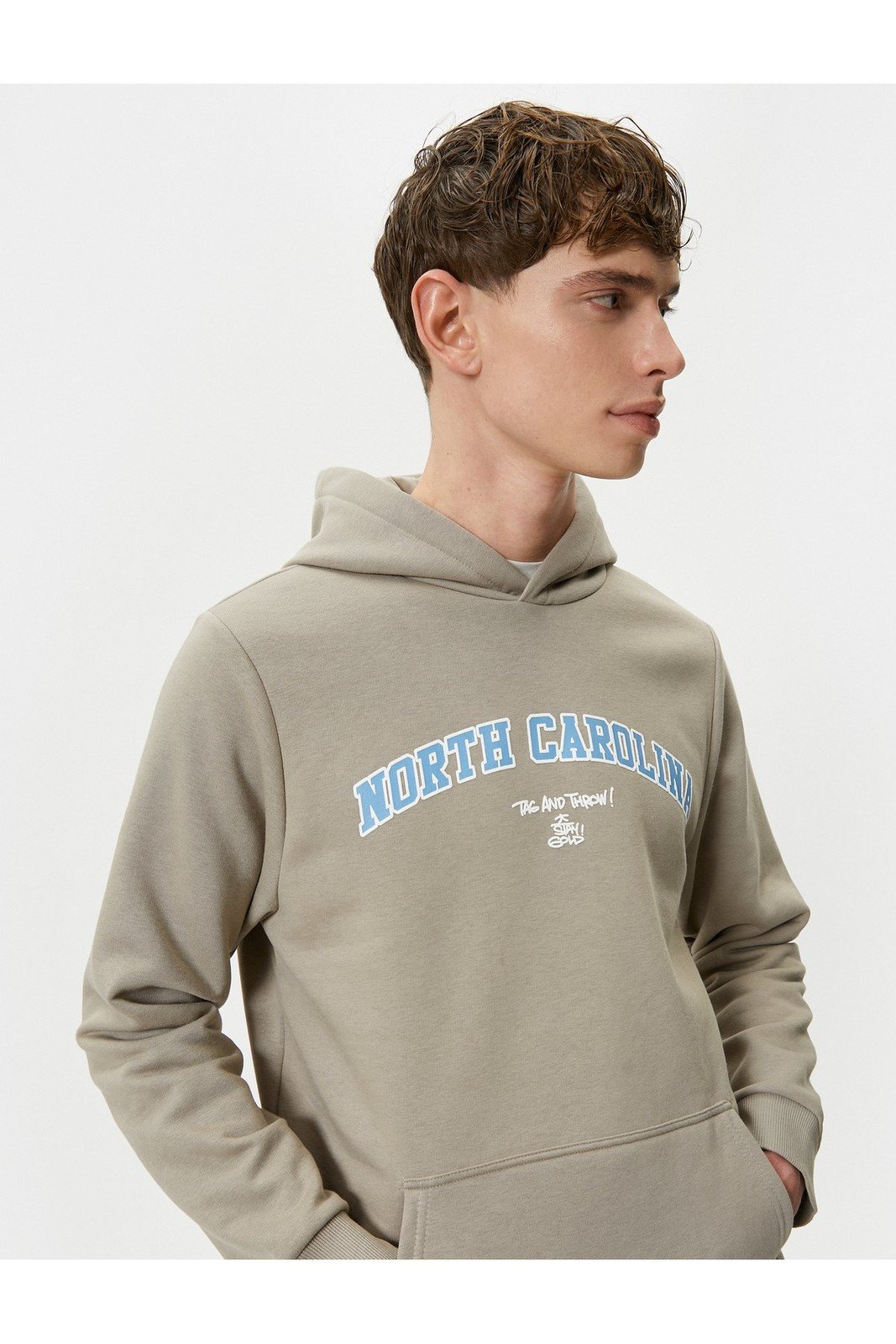 Koton Hooded Sweat College Printed Kangaroo Pocket Detailed Ribbed