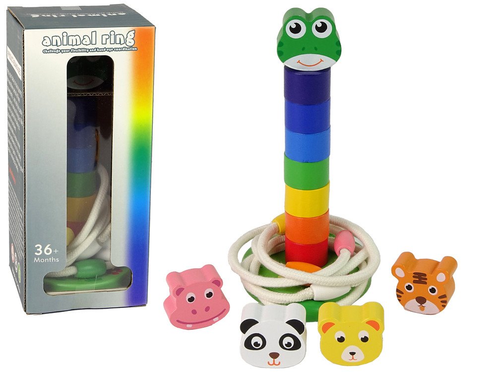 mamido Dřevěná vzdělávací pyramida s provázky a zvířátky