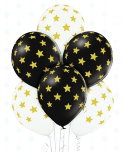 Balónky černé a bílé s potiskem zlaté hvězdy 6 ks 30 cm mix barev Belbal