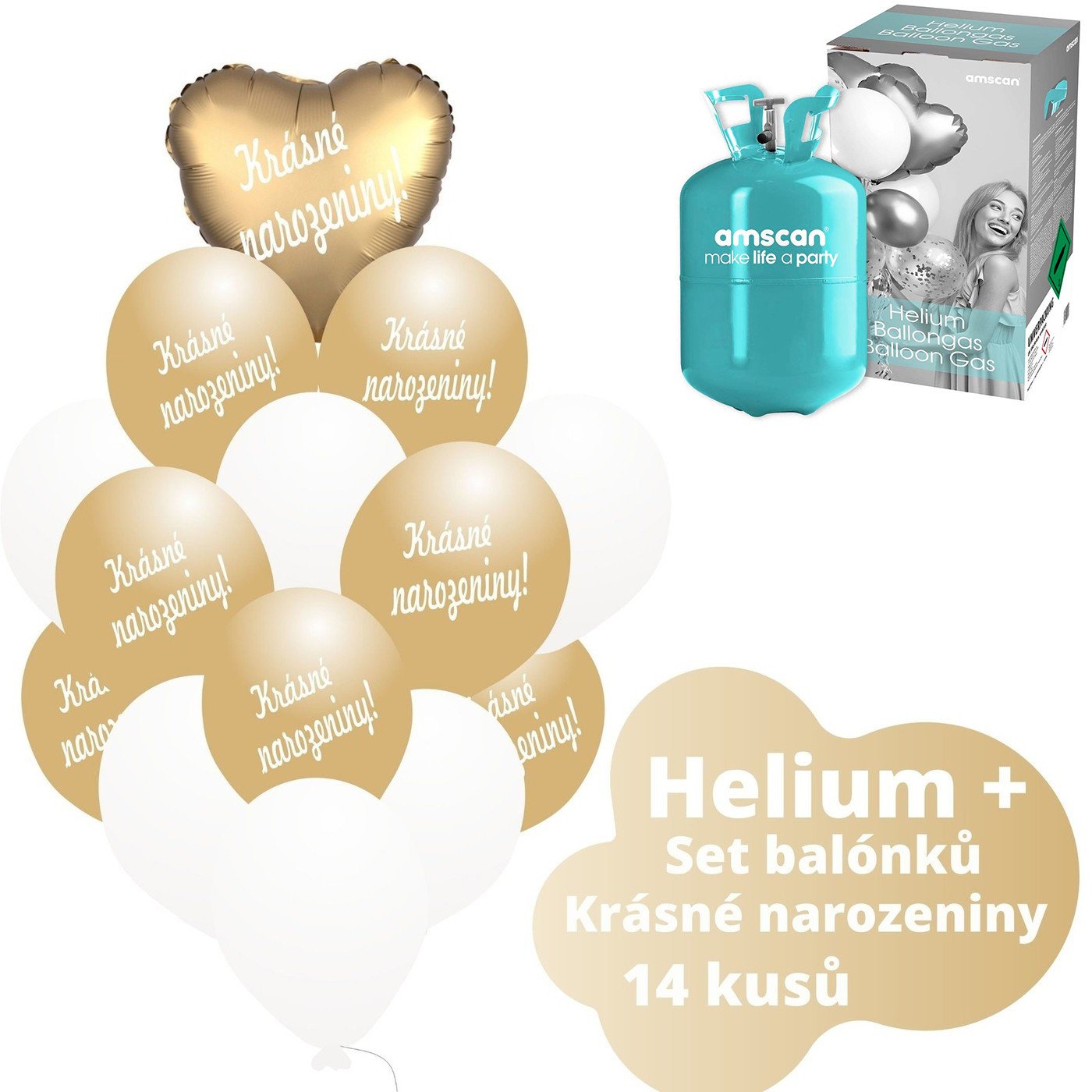 Helium set - srdce zlaté balónky KRÁSNÉ NAROZENINY - Balonky.cz