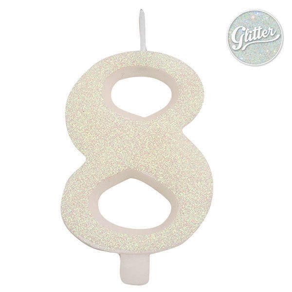 Svíčka číslo 8 bílá s glitrem 9,5 cm
