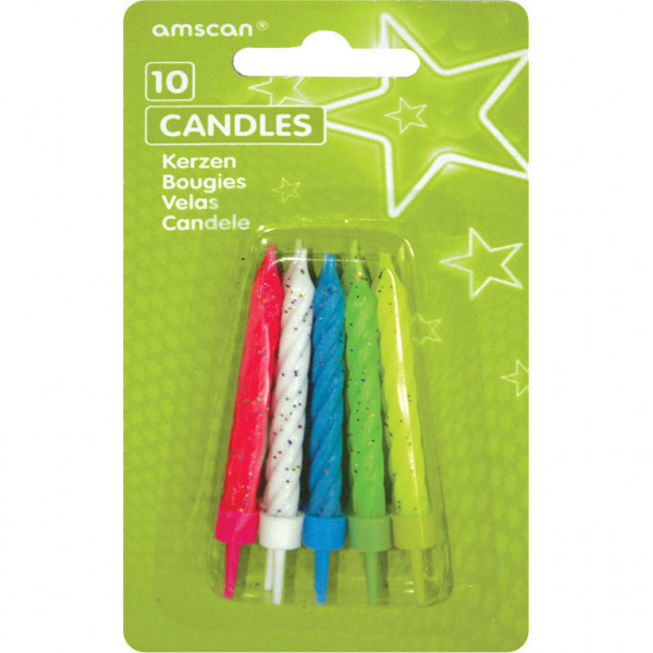 Amscan Dortové svíčky barevné s glitry a držáky 10ks /žlutá, zelená, modrá, bílá a červená/