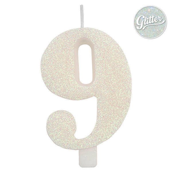 Svíčka číslo 9 bílá s glitrem 9,5 cm