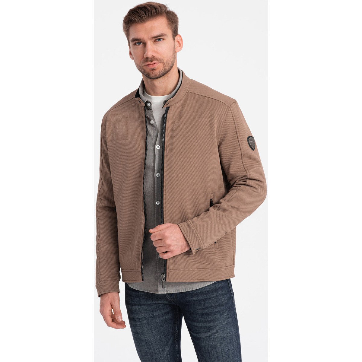 Ombre  Men apos;s BIKER jacket in structured fabric - light brown V4  ruznobarevne