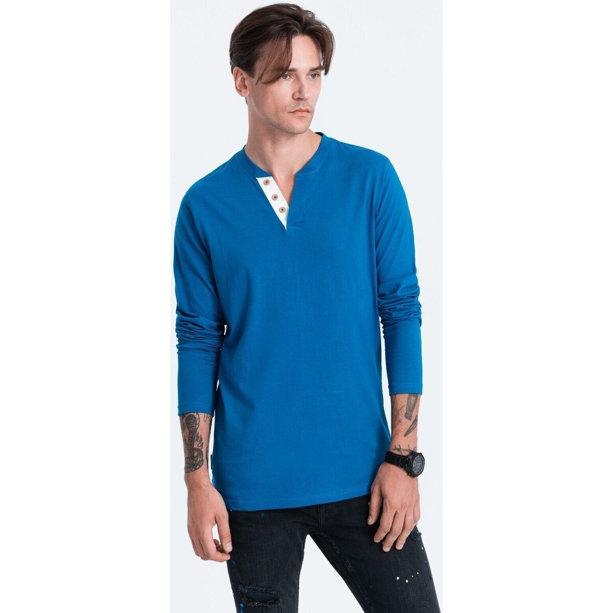 Ombre  HENLEY men apos;s neckline longsleeve - blue V2 OM-LSCL  ruznobarevne