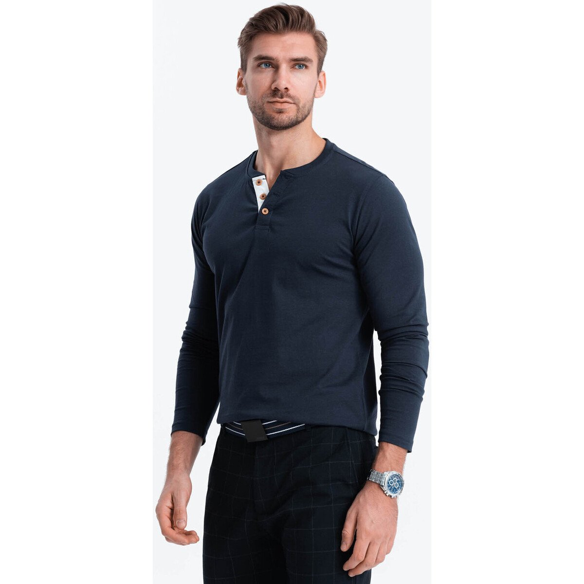 Ombre  HENLEY men apos;s neckline longsleeve - navy blue V3 OM-LSCL  ruznobarevne