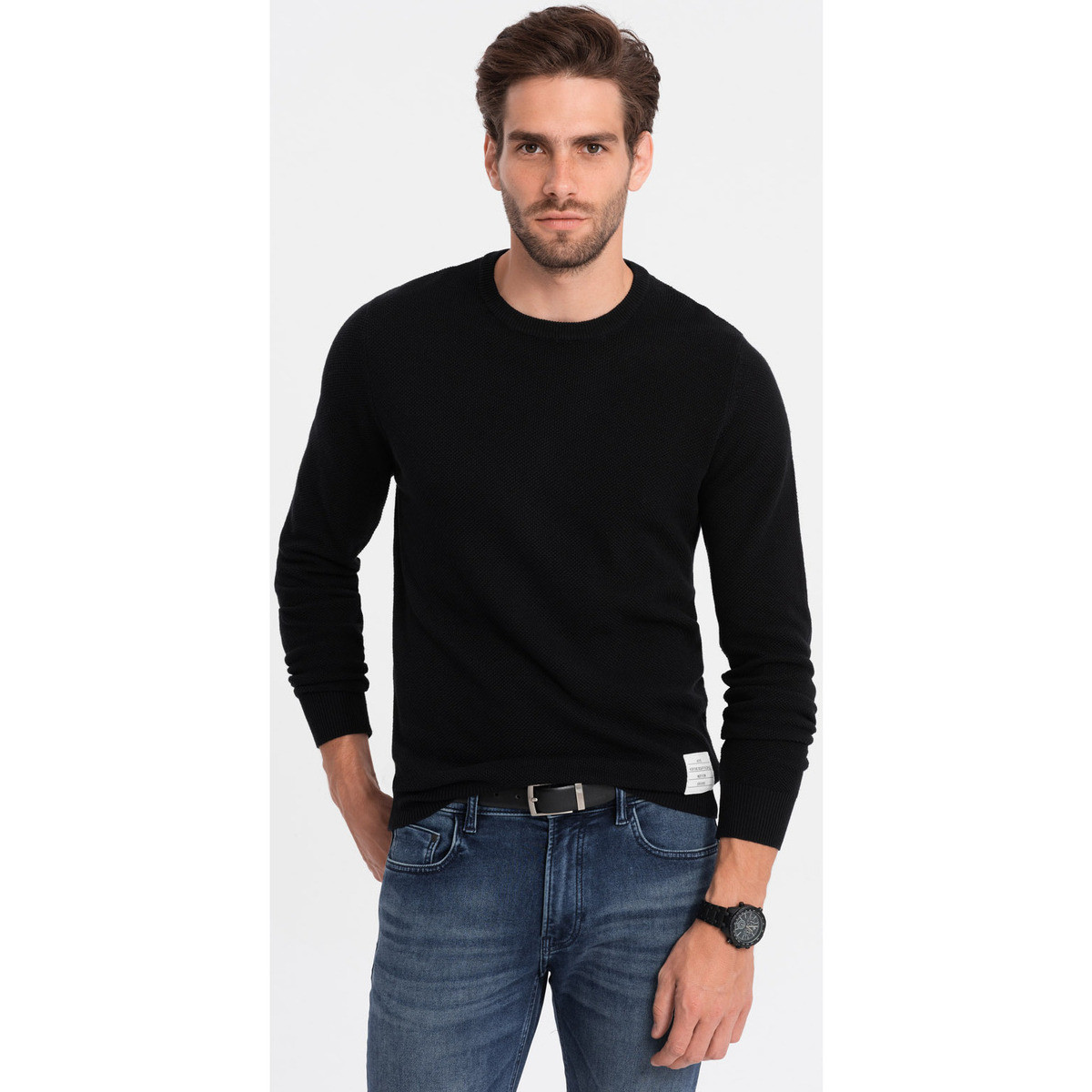 Ombre  Men apos;s textured sweater with half round neckline - black V4  ruznobarevne