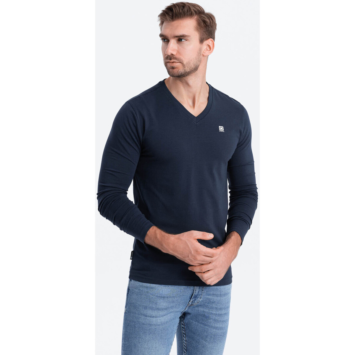 Ombre  Men apos;s V-NECK Longsleeve - navy blue V2 OM-LSCL  ruznobarevne