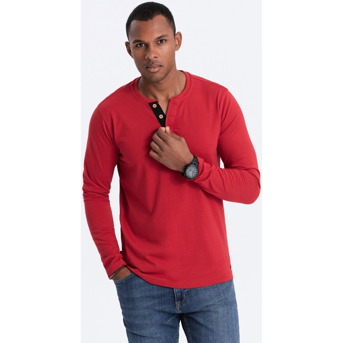 Ombre  Men apos;s HENLEY neckline longsleeve - red V7 OM-LSCL  ruznobarevne