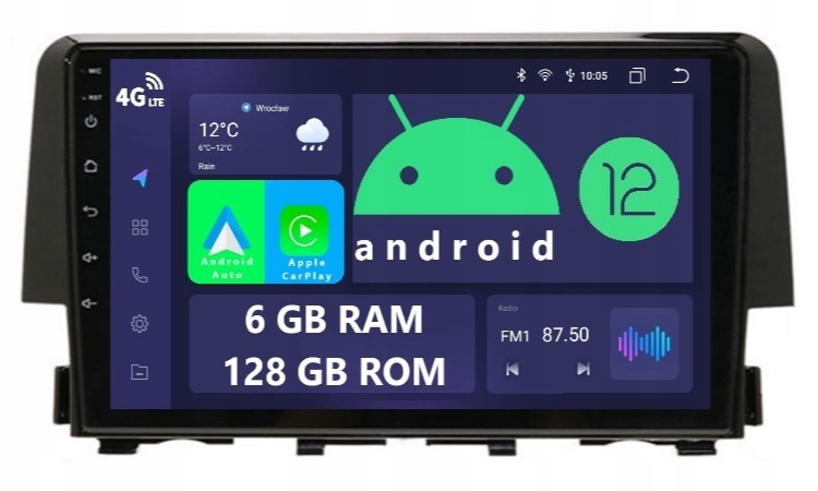 Navigace Rádio 2DIN Android Honda 10 X 6/128 Gb Dsp Carplay Lte