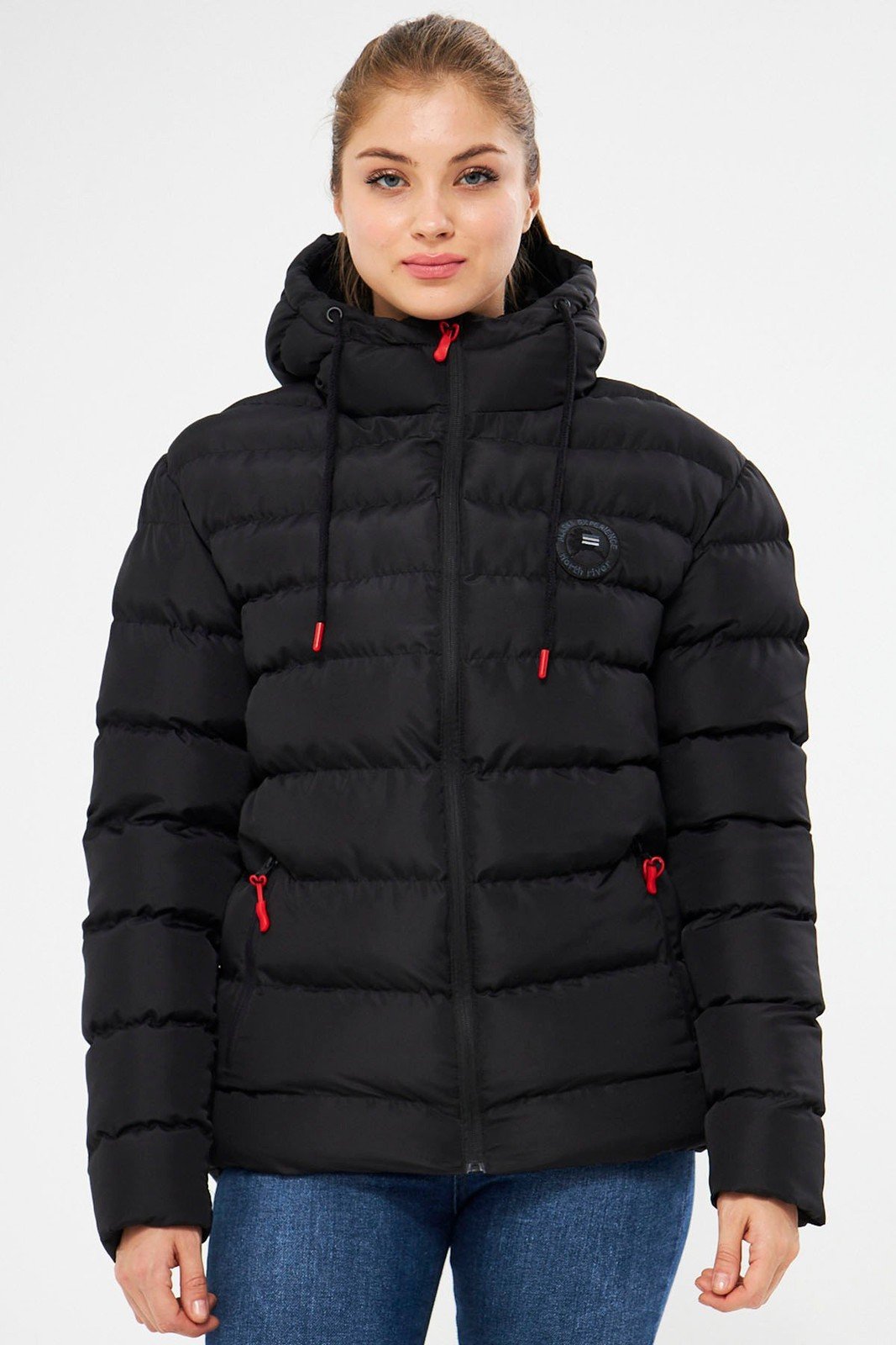 River Club Women's Black Fiber Inner Water And Windproof Hooded Puffer Sports Winter Coat