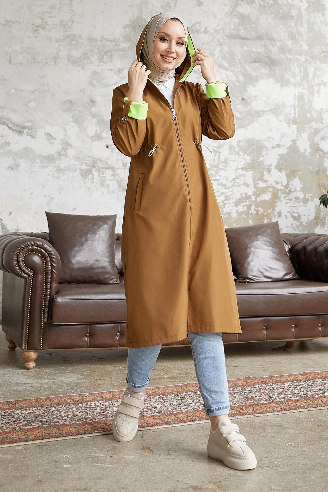 InStyle Hooded Neon Trench with Pleated Waist - Tan \ Green