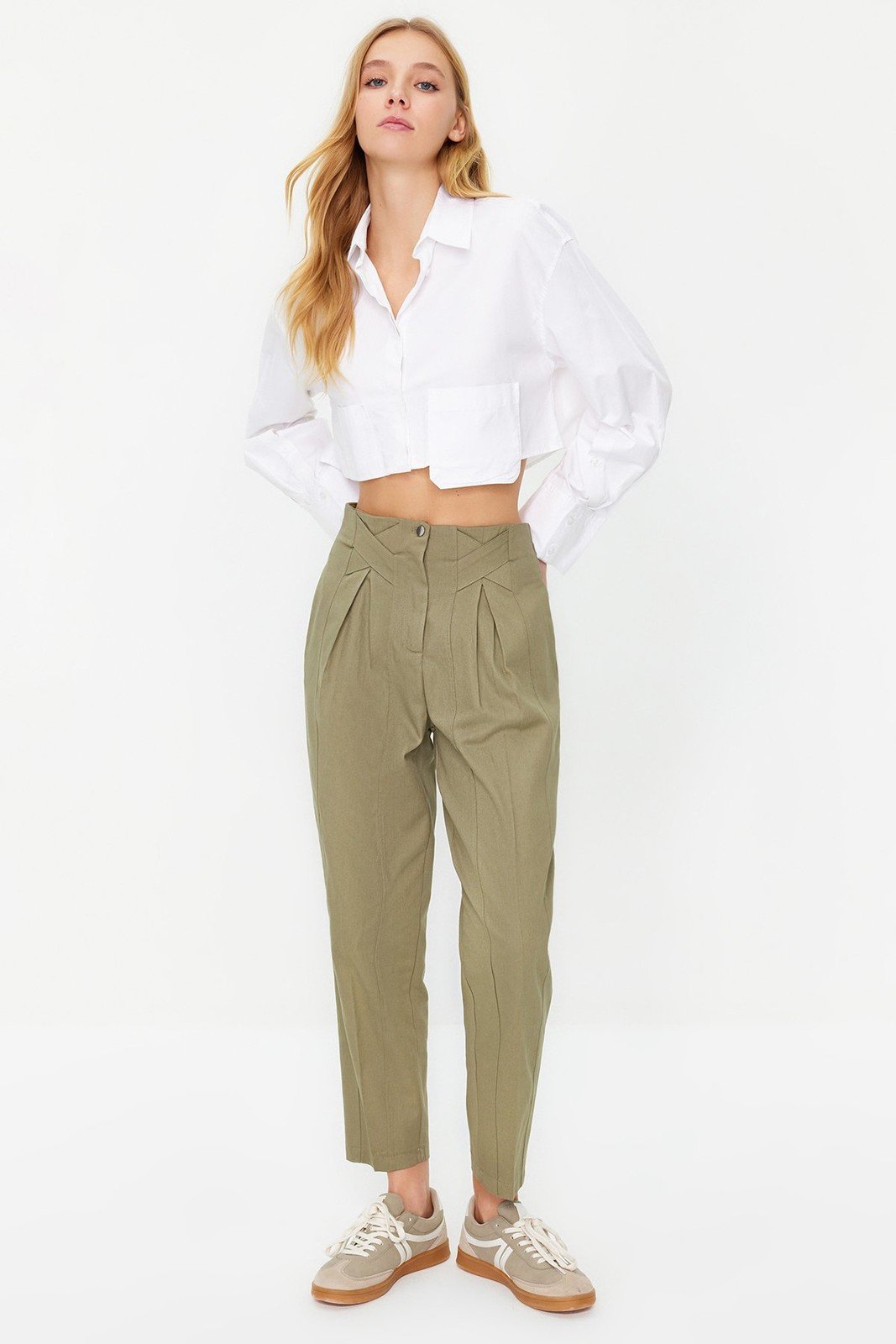 Trendyol Khaki Cotton Carrot Pattern Stripe Detailed Woven Trousers