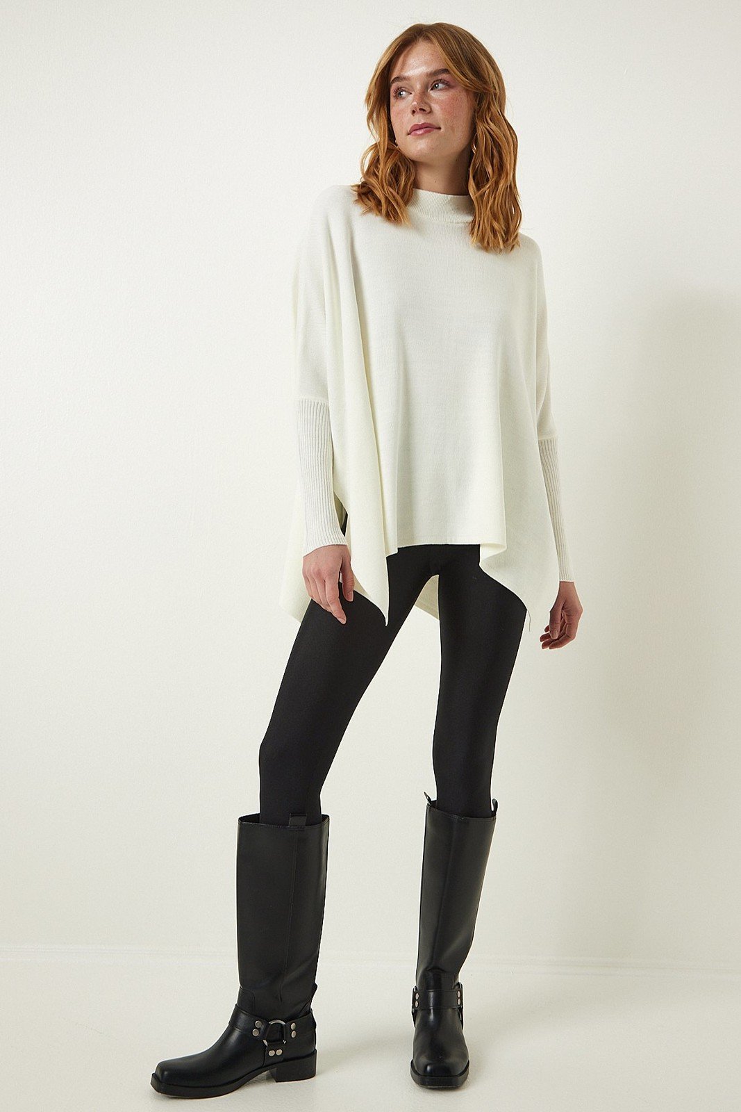 Happiness İstanbul Bone High Neck Slit Knitwear Poncho Sweater