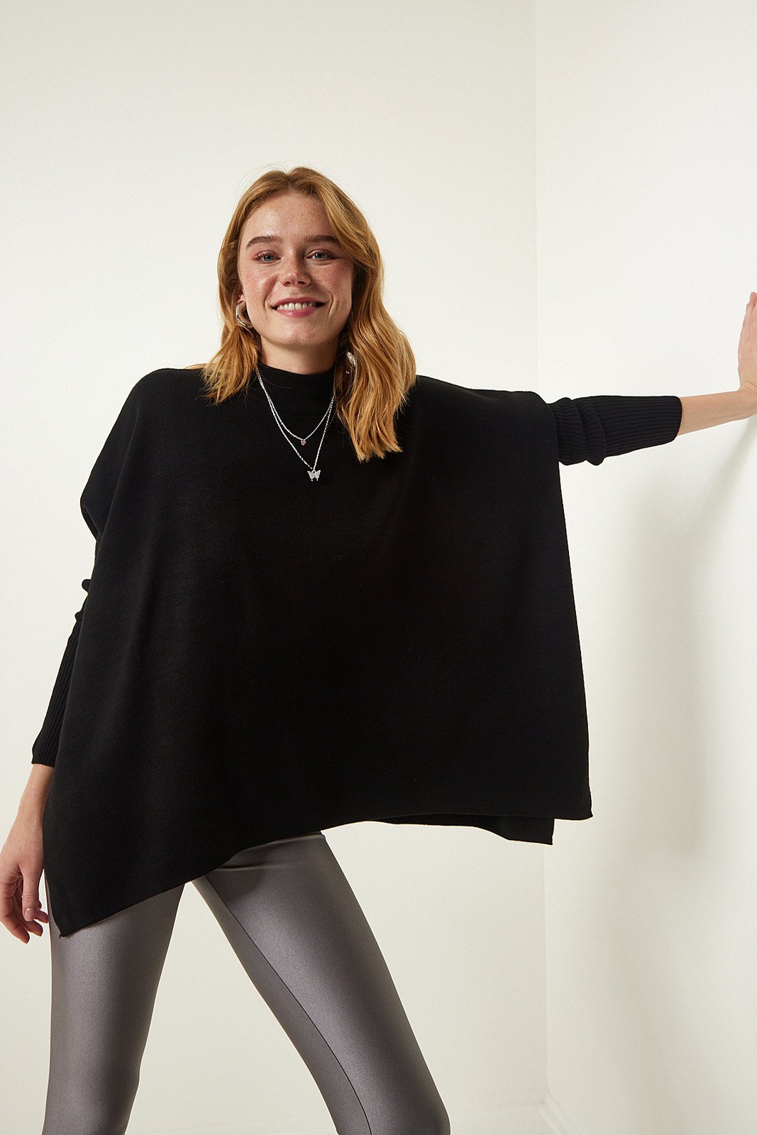 Happiness İstanbul Black High Neck Slit Knitwear Poncho Sweater