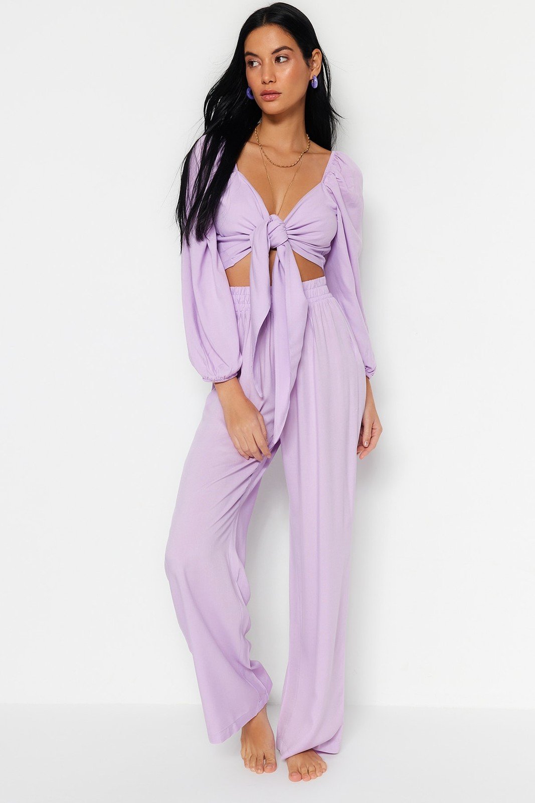 Trendyol Lilac Woven Tie Blouse and Pants Suit