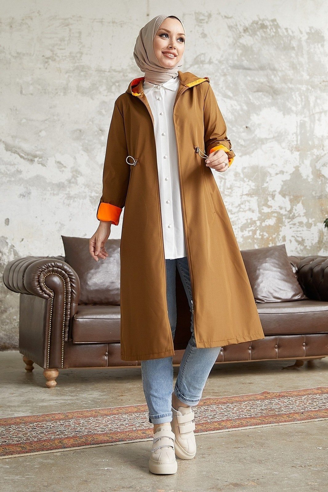 InStyle Hooded Neon Trench with Pleated Waist - Tan \ Orange