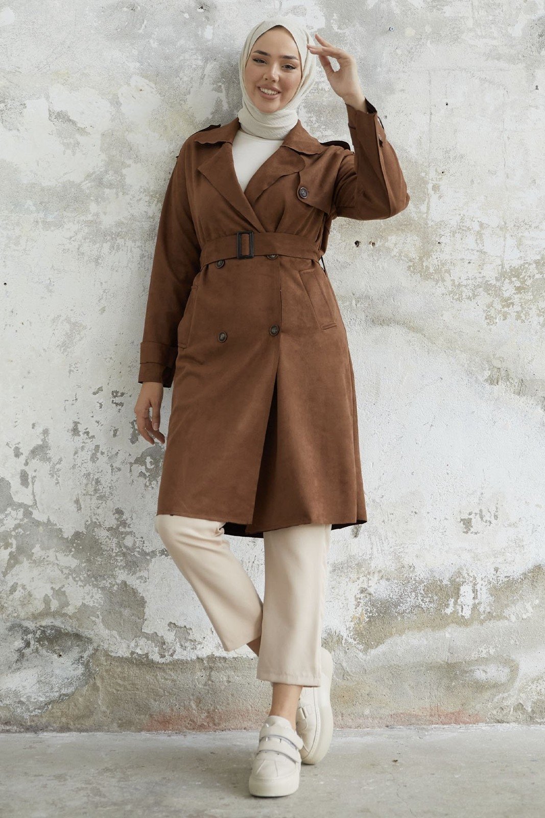 InStyle Minka Belted Scuba Suede Trench - Camel