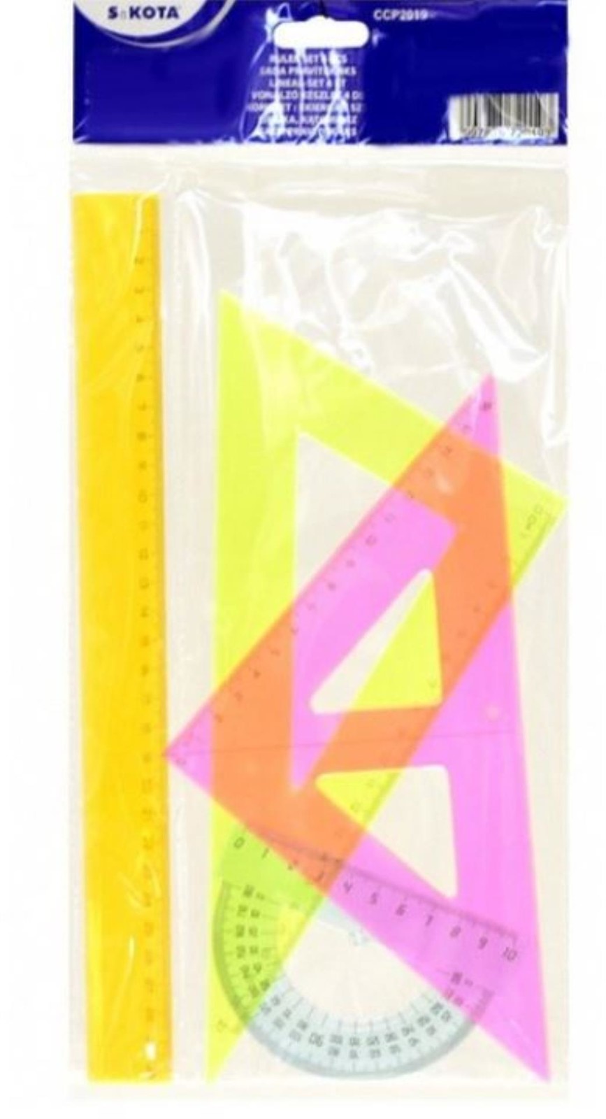Sakota  Sada pravítek neon - trojúhelník, trojúhelník s ryskou, pravítko, úhloměr, 4 ks
