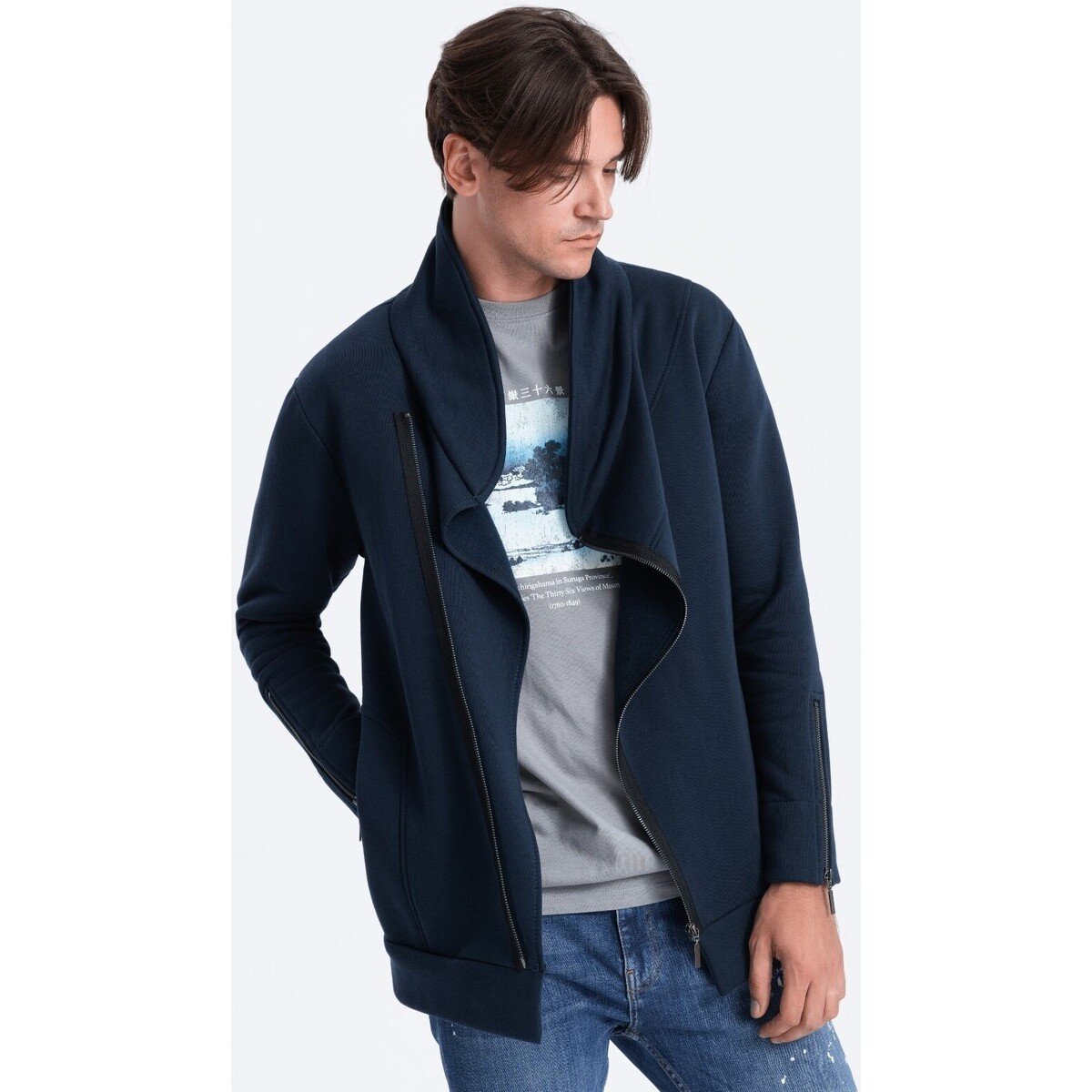 Ombre  Pánská mikina na zip Ricardo navy  Tmavě modrá